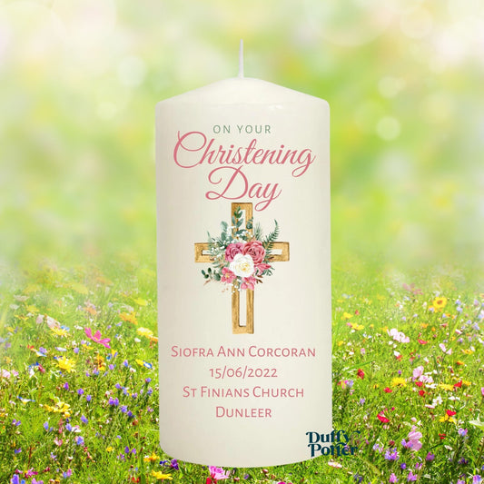 Christening/Naming day Candle Cross Pink