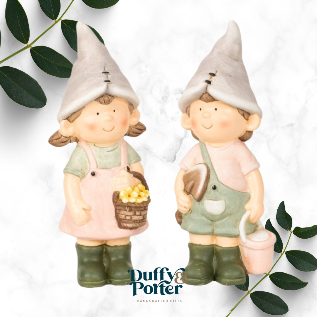 Spring Children standing with flowers and Sholve in hand 28cm w 11cm