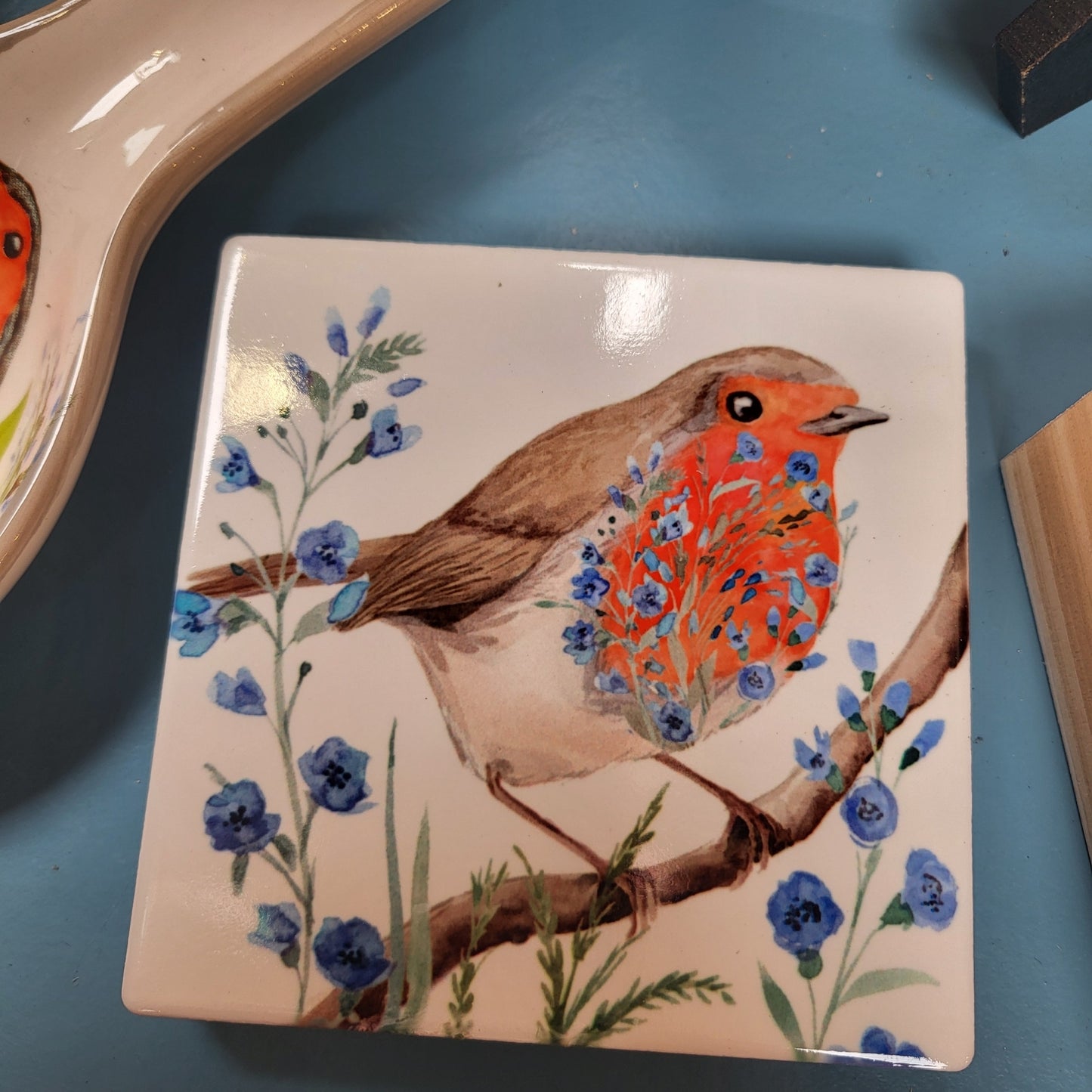 Ceramic Coasters Robin forget me not