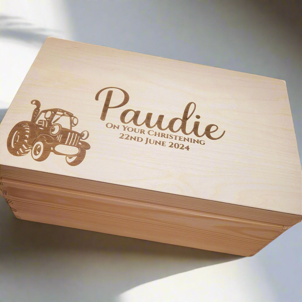 Tractor Keepsake Box Natural Wood Engraved