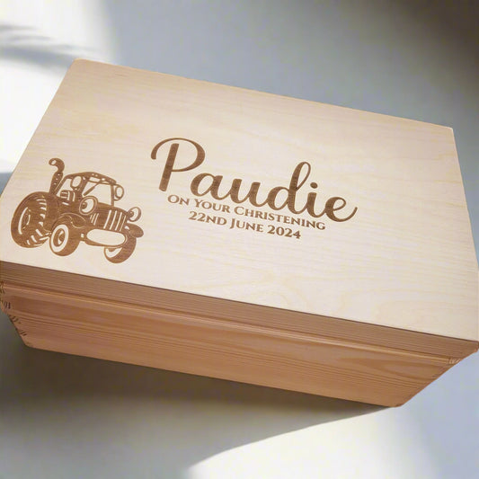 Tractor Keepsake Box Natural Wood Engraved