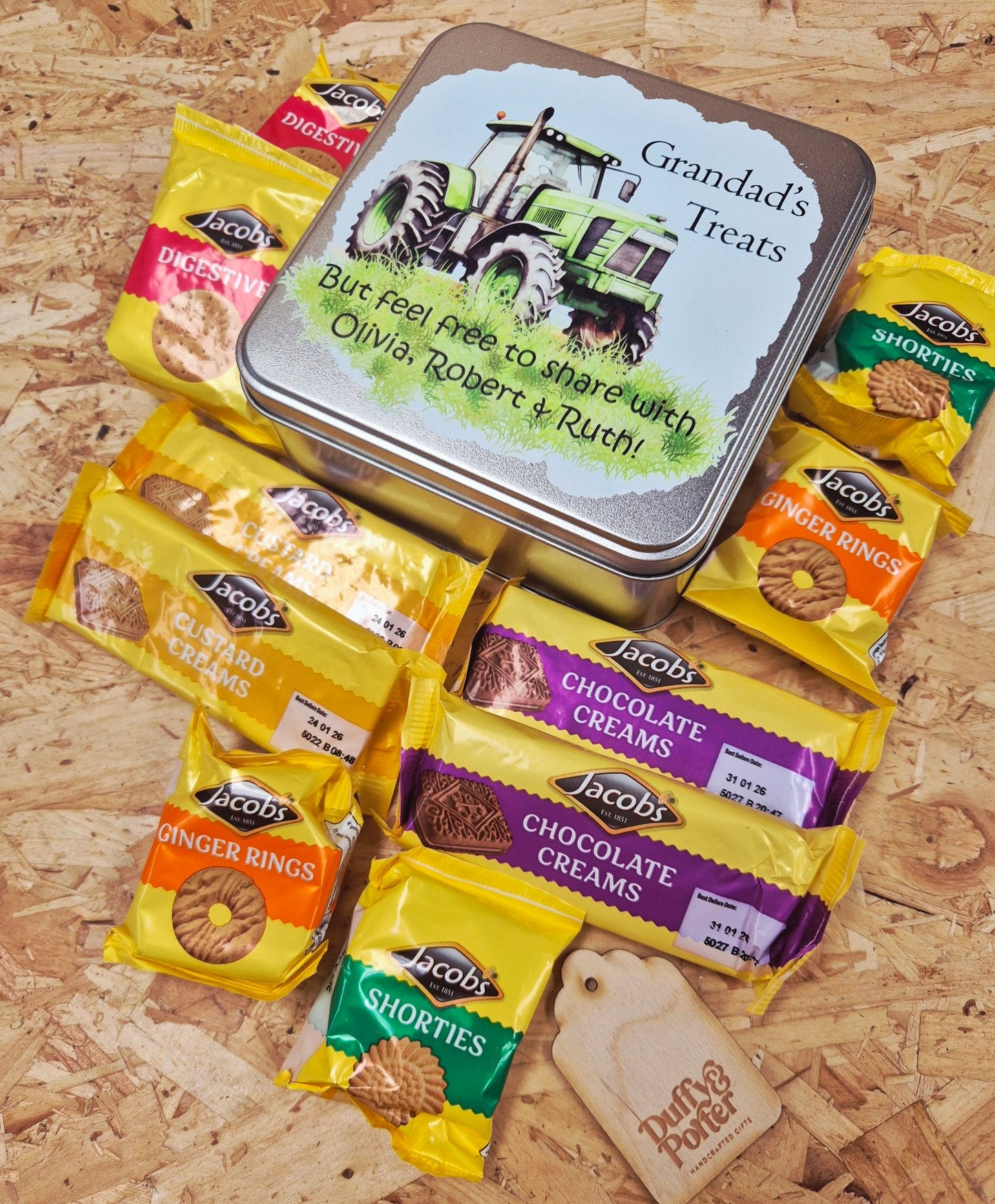 Personalised Farm tractor treats Biscuit Tin with Biscuits