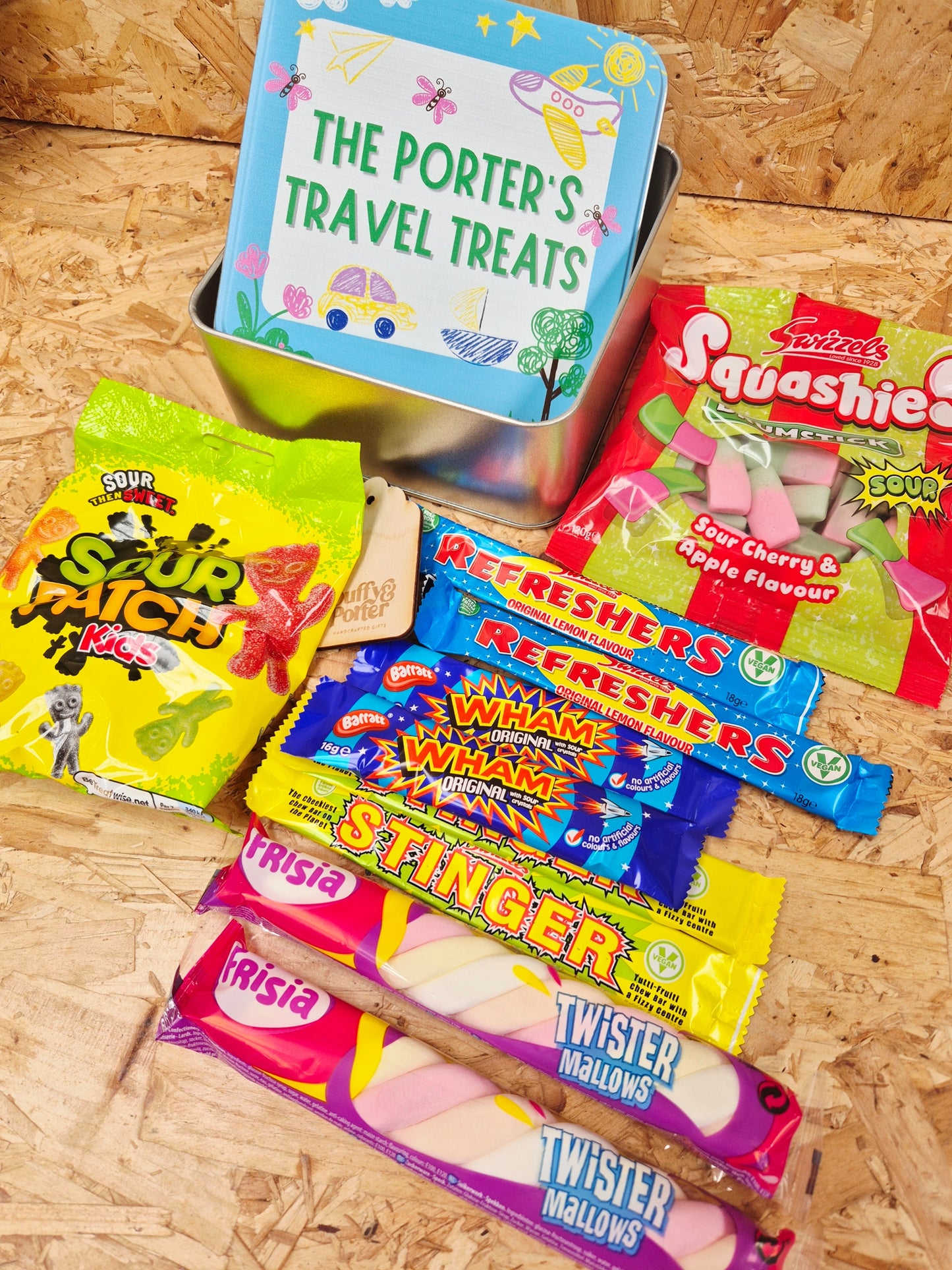 Personalised Travel Treats tin full of treats