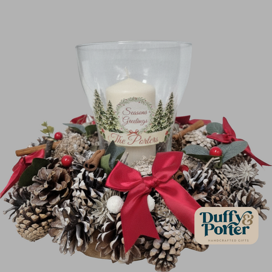 Personalised Christmas Centre Piece with candle and hurricane lamp