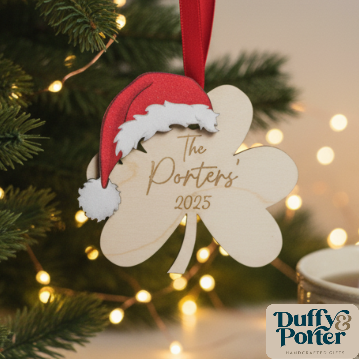 Personalised Shamrock Christmas Decoration – With Santa Hat