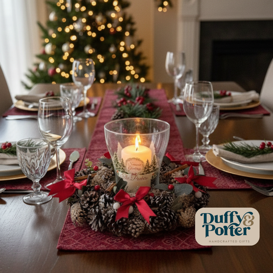 Personalised Christmas Centre Piece with candle and hurricane lamp