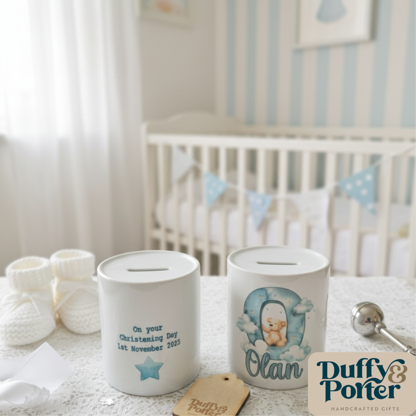 Money box. Teddy initial Blue