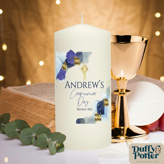 "Navy Gold Watercolour" Communion/ Confirmation Candle