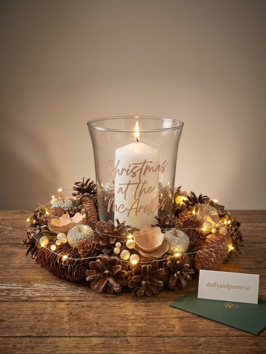 Personalised Christmas Gold (lights) Centre Piece with candle and hurricane lamp