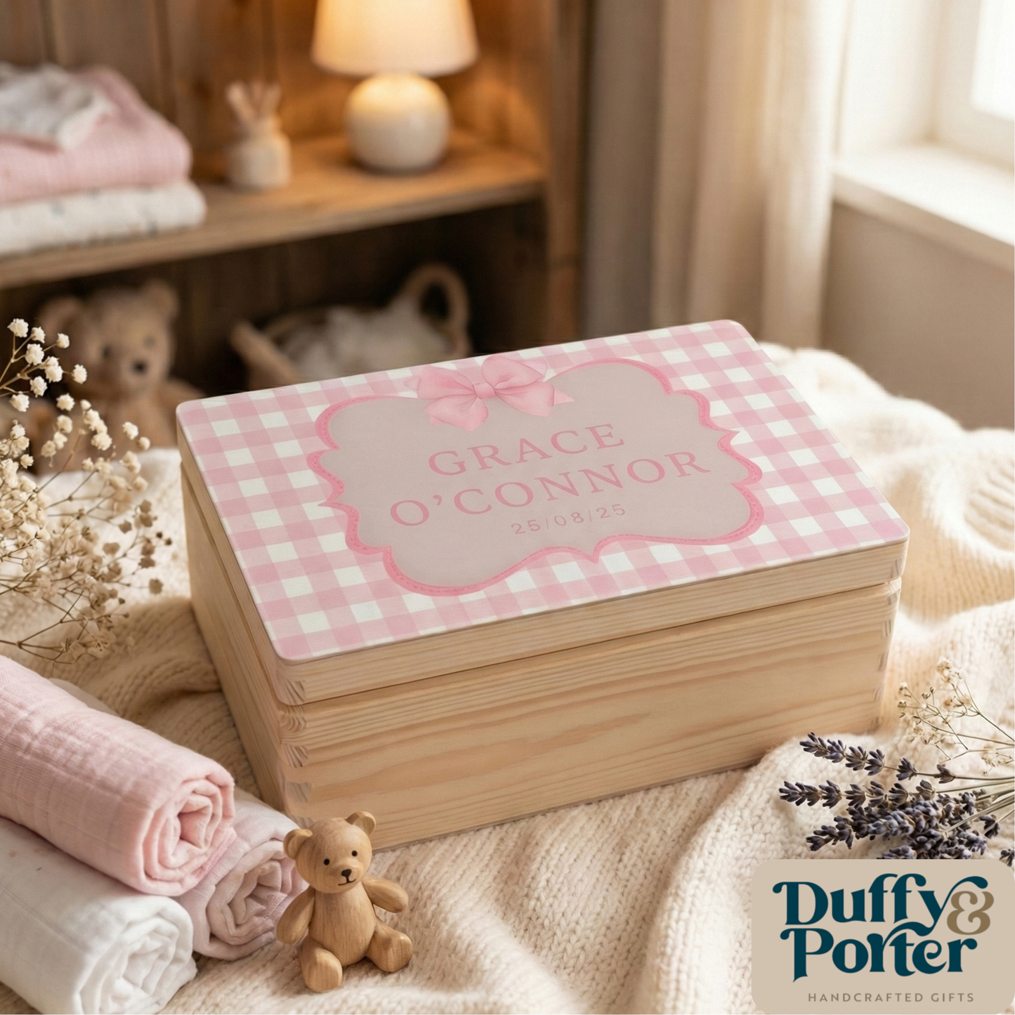 Bow and Gingham Wooden Keepsake Box
