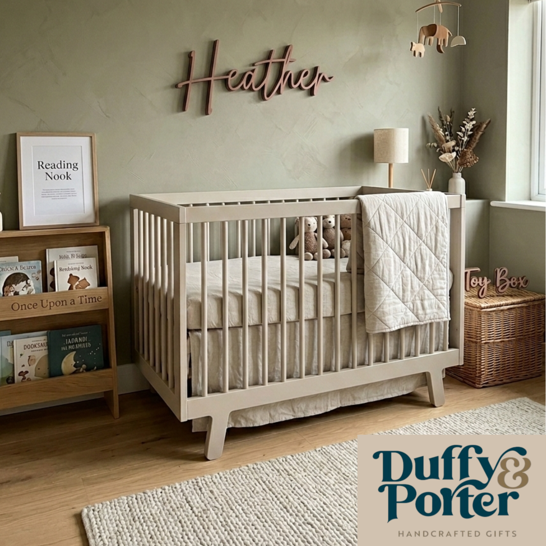 A nursery with a wall name added to the wall over a crib in the Heather font from Duffy and Porter