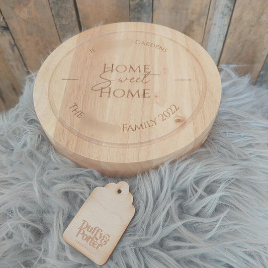 Personalised Home Sweet Home Round Cheeseboard with Utensils