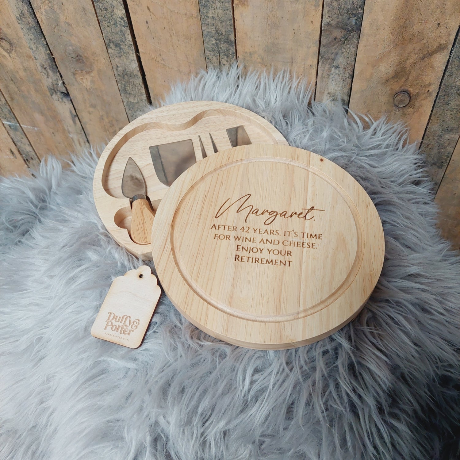 Retirement Round Cheese board with Utensils