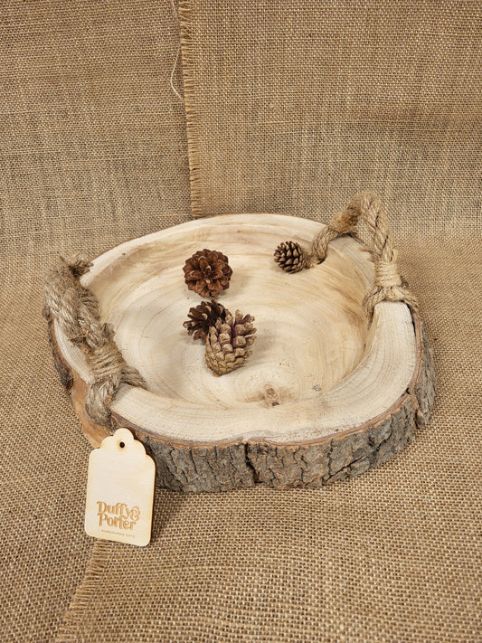 Wooden tray with bark & rope handles