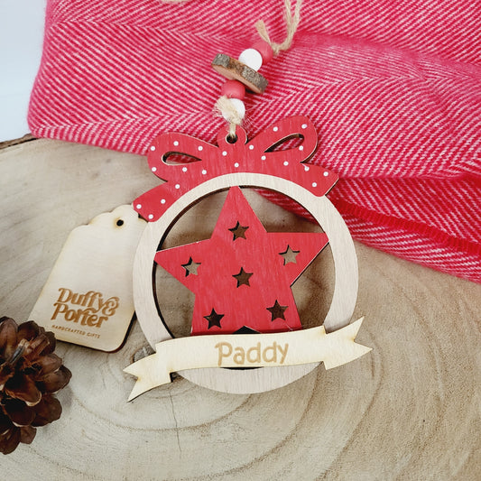 11cm Wooden Hanging decoration with red star and bow
