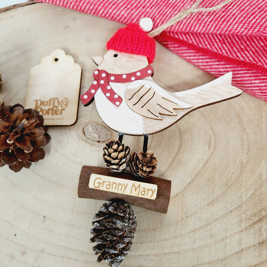 12cm Wooden Robin with red hat and Pinecone