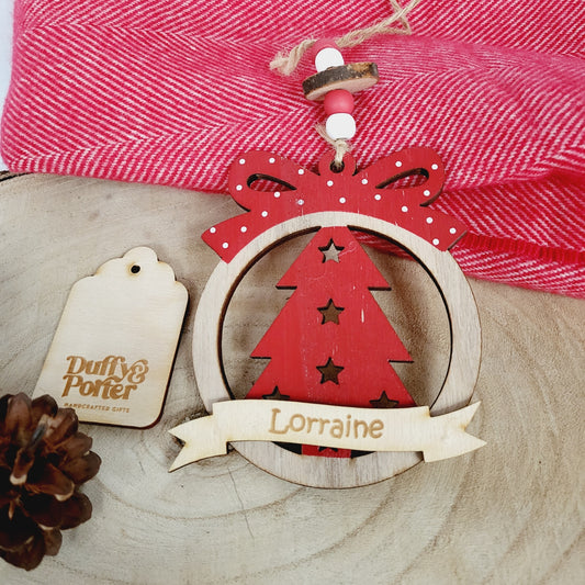 11cm Wooden Hanging decoration with red tree and bow