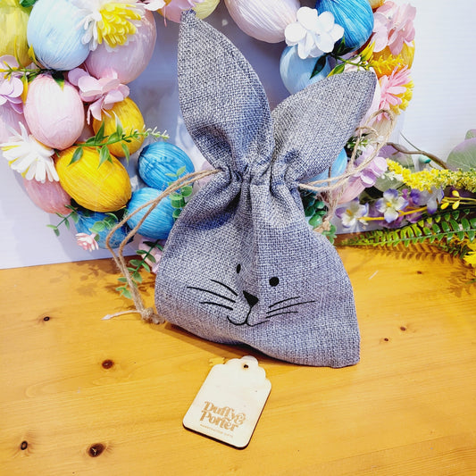 Fabric rabbit bag with face print grey & brown 27x15cm asst.