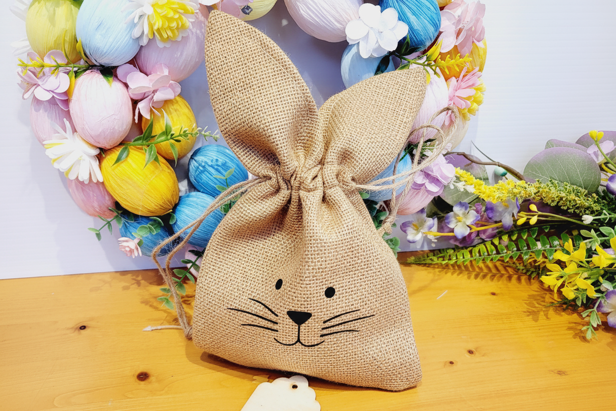 Fabric rabbit bag with face print natural 27x15cm asst.