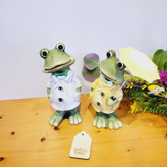 Frog Duo with coat and unbrella ceramic