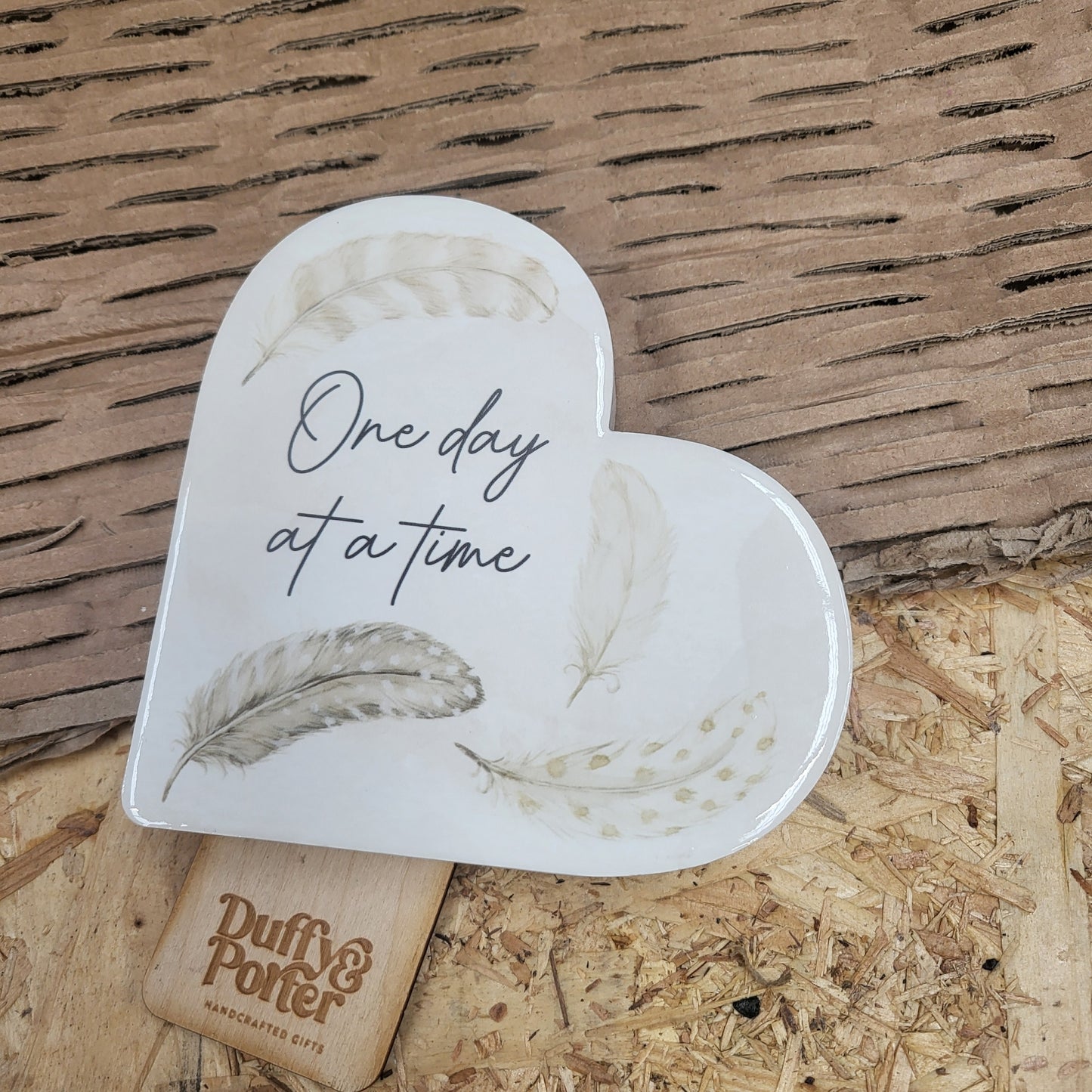 One day at a time ceramic heart feather