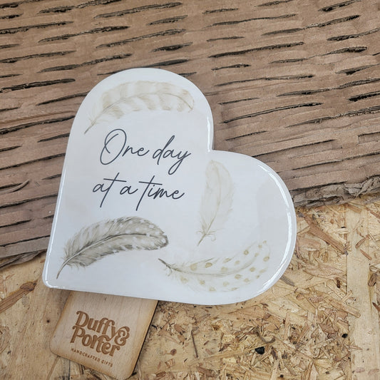 One day at a time ceramic heart feather
