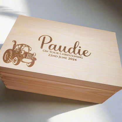 Tractor Keepsake Box Natural Wood Engraved