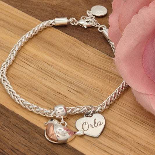 Silver plated rope bracelet with robin - A Perfect Gift