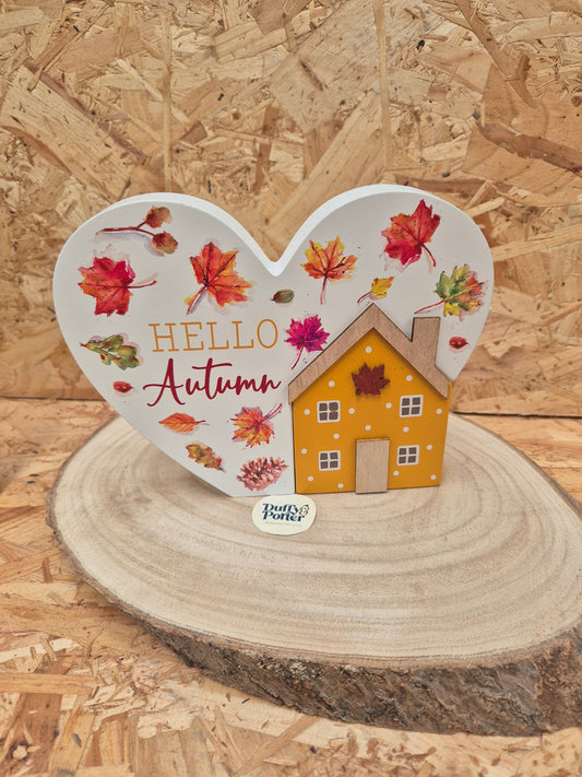 Autumn Leaves Standing Heart Plaque Hello