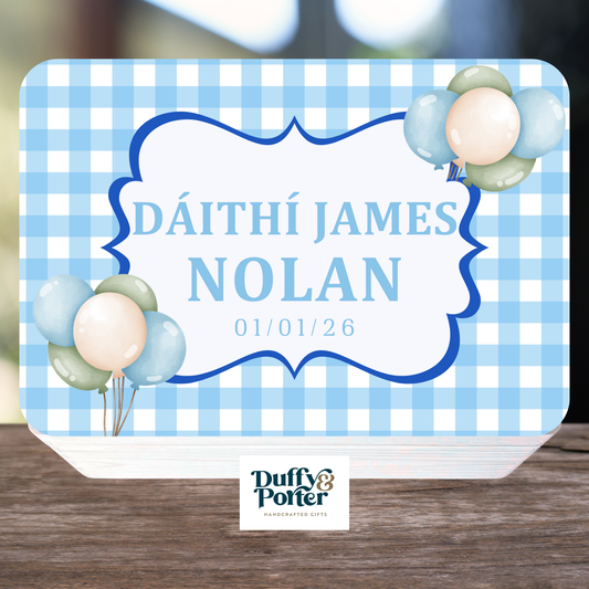 Balloons and Gingham Wooden Keepsake Box Blue
