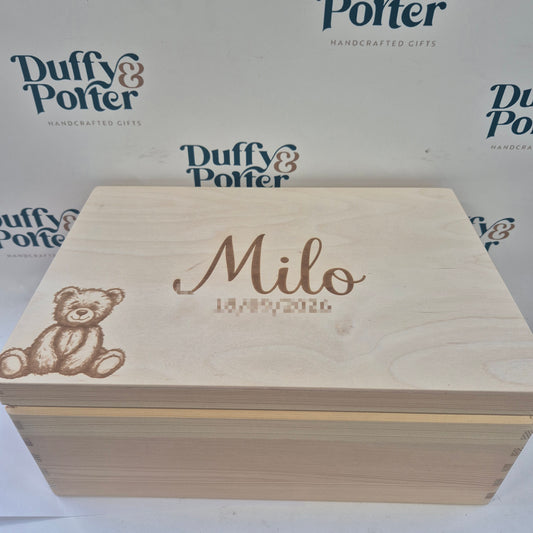 Personalised Teddy Engraved Keepsake box. Made of wood. An irish made product