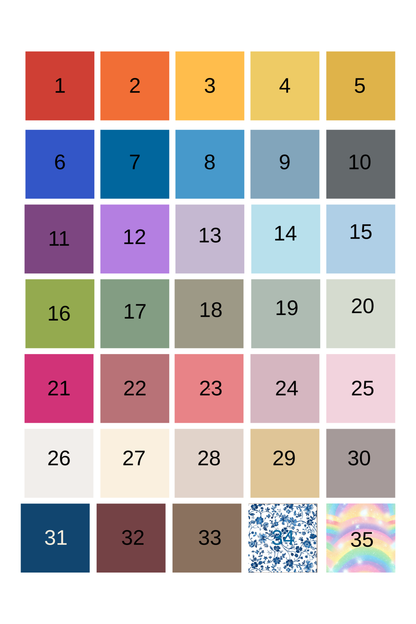 Grid of 35 color swatches with numbers and a rainbow pattern.