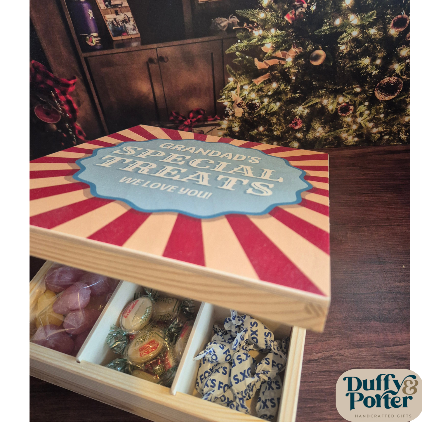 Personalised Wooden Sweet Box (Filled or Empty) – Custom Christmas Treat Box Gift for Grandad, Nanna & Family