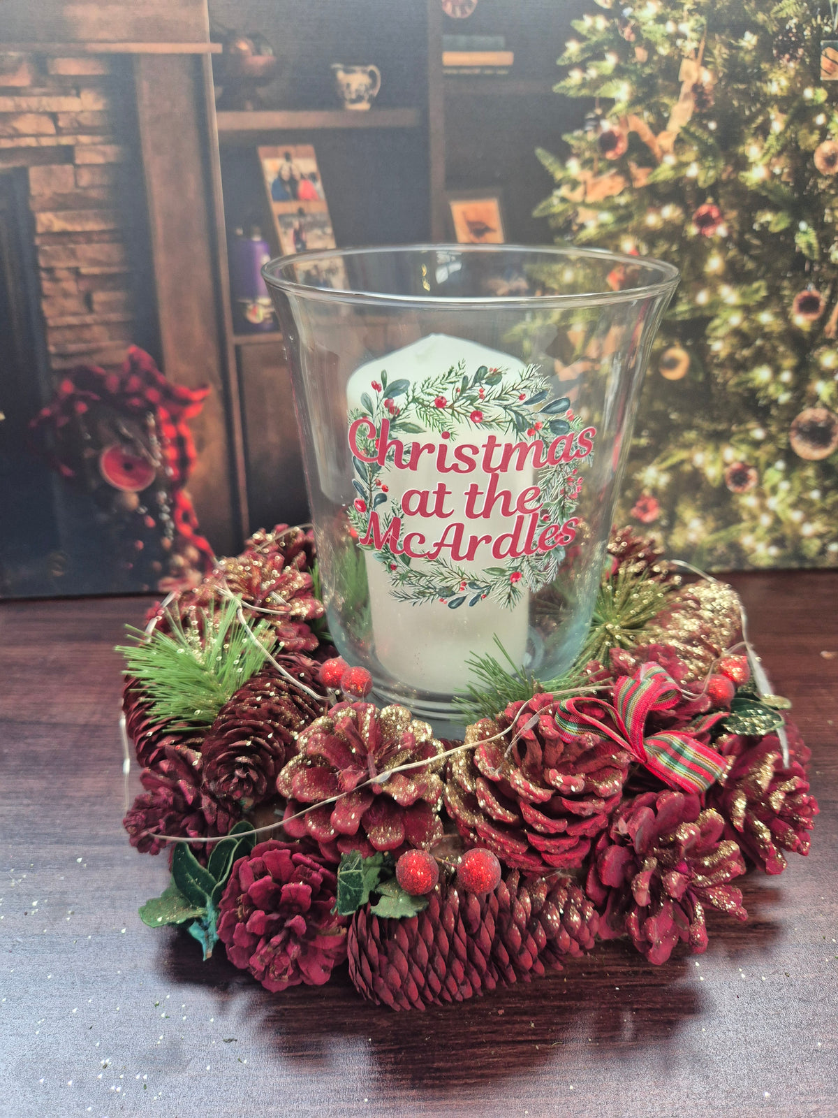 Personalised Christmas Red (lights) Centre Piece with candle and hurricane lamp