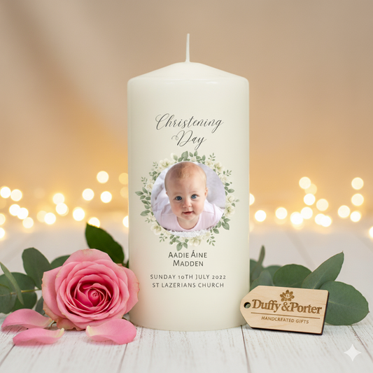 Picture Christening/Naming day Candle White and Green