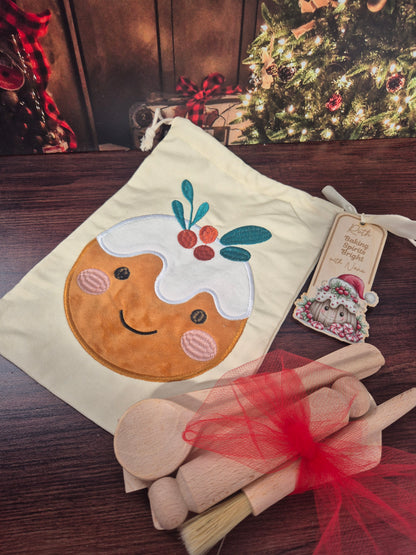 Personalised Kids Christmas Baking Set – Child-Sized Wooden Utensils, Custom Tag & Embroidered Bag