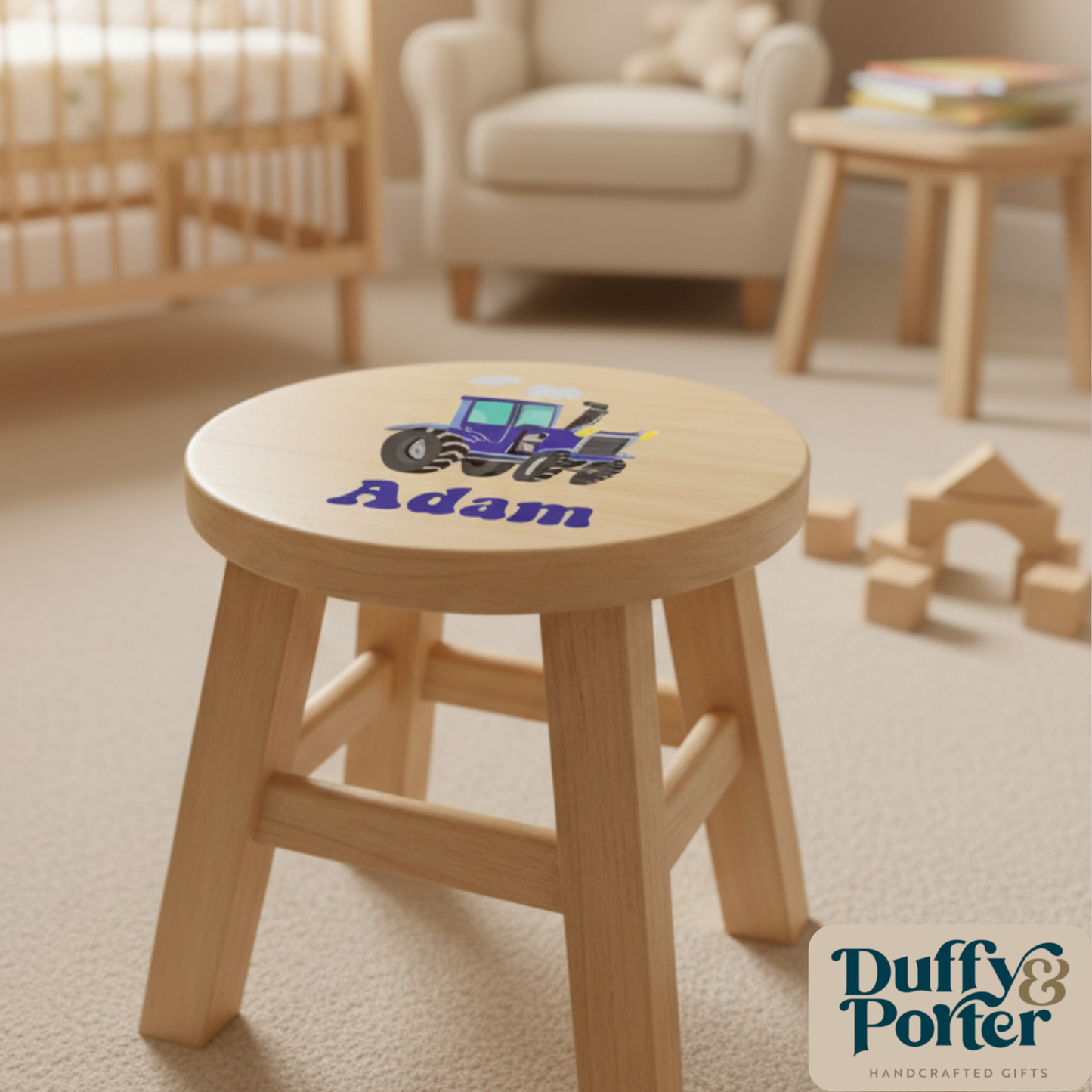 Children's Wooden Stool Blue Tractor