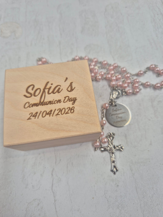 Personalised rosary bead chain and wooden box various colours