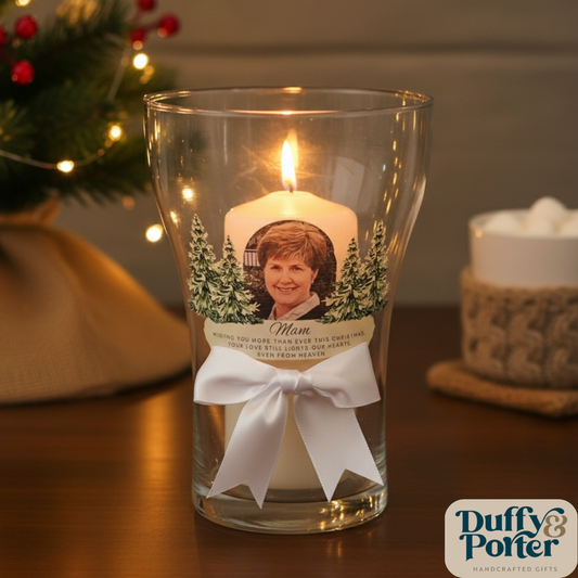 Personalised Memory Candle & Hurricane Vase – In Loving Christmas Remembrance
