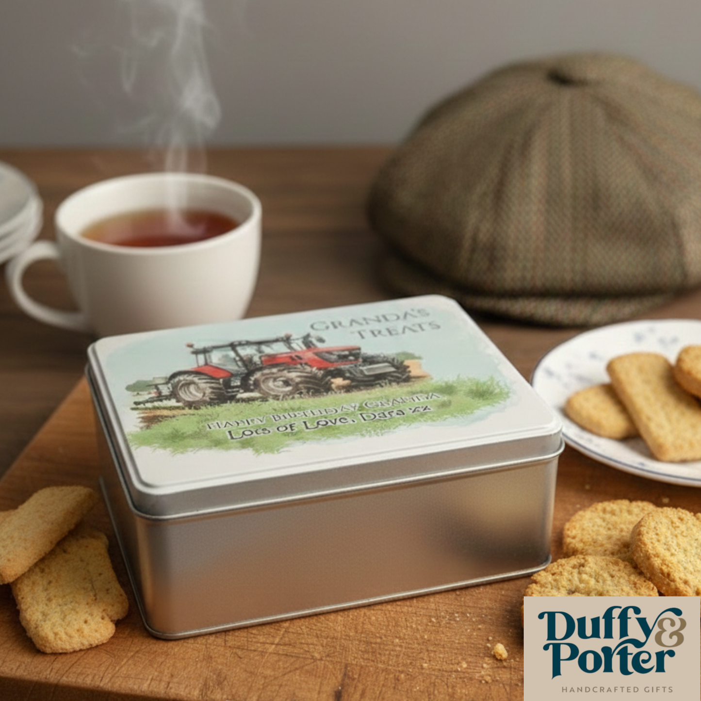 Personalised Farm tractor treats Biscuit Tin with Biscuits