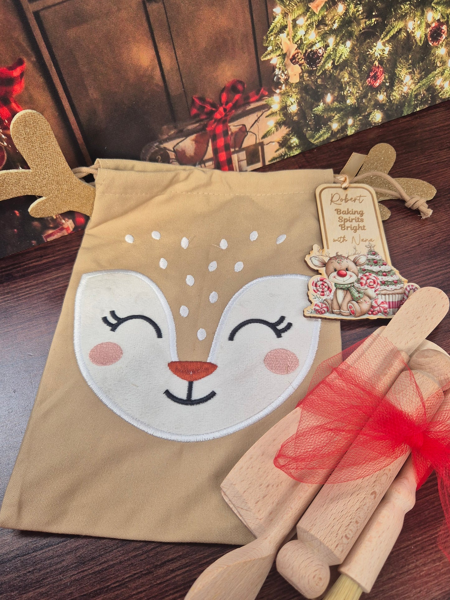 Personalised Kids Christmas Baking Set Reindeer – Child-Sized Wooden Utensils, Custom Tag & Embroidered Bag