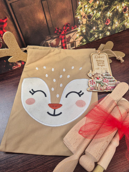 Personalised Kids Christmas Baking Set Reindeer – Child-Sized Wooden Utensils, Custom Tag & Embroidered Bag