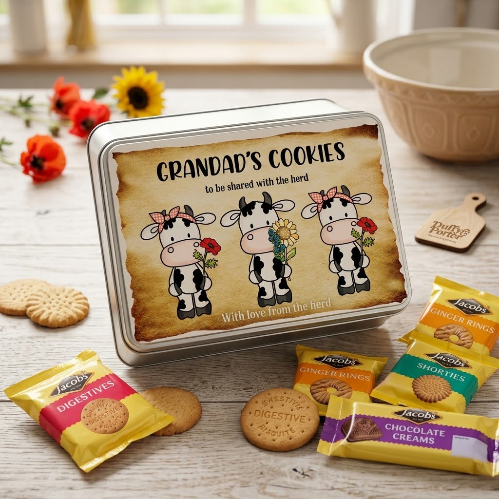Personalised Name cookie tin -cow herd - With Biscuits