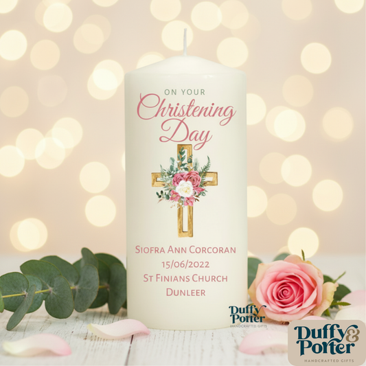 Christening/Naming day Candle Cross Pink