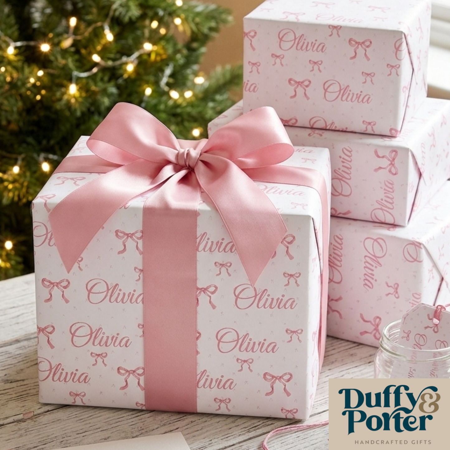 Personalised Christmas Pink Bow Wrapping Paper | Eco-Friendly Gift Wrap Ireland