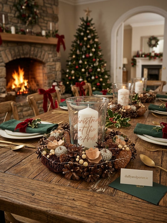 Personalised Christmas Gold (lights) Centre Piece with candle and hurricane lamp