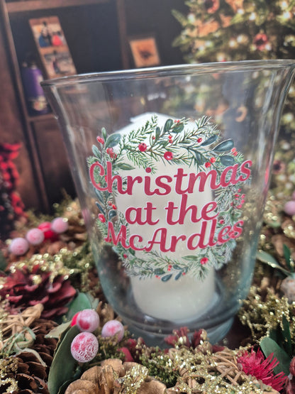 Personalised Christmas Red Centre Piece with candle and hurricane lamp