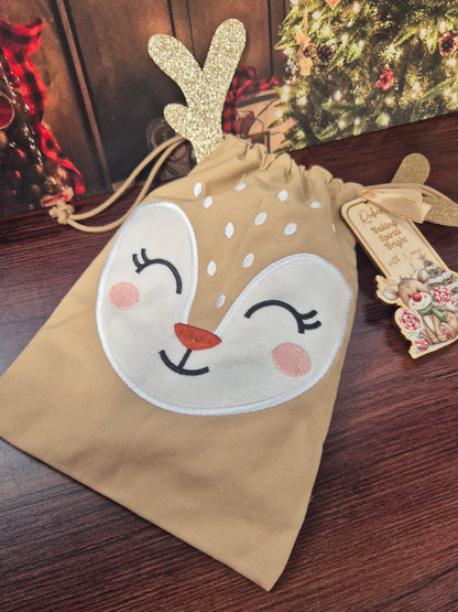 Personalised Kids Christmas Baking Set Reindeer – Child-Sized Wooden Utensils, Custom Tag & Embroidered Bag