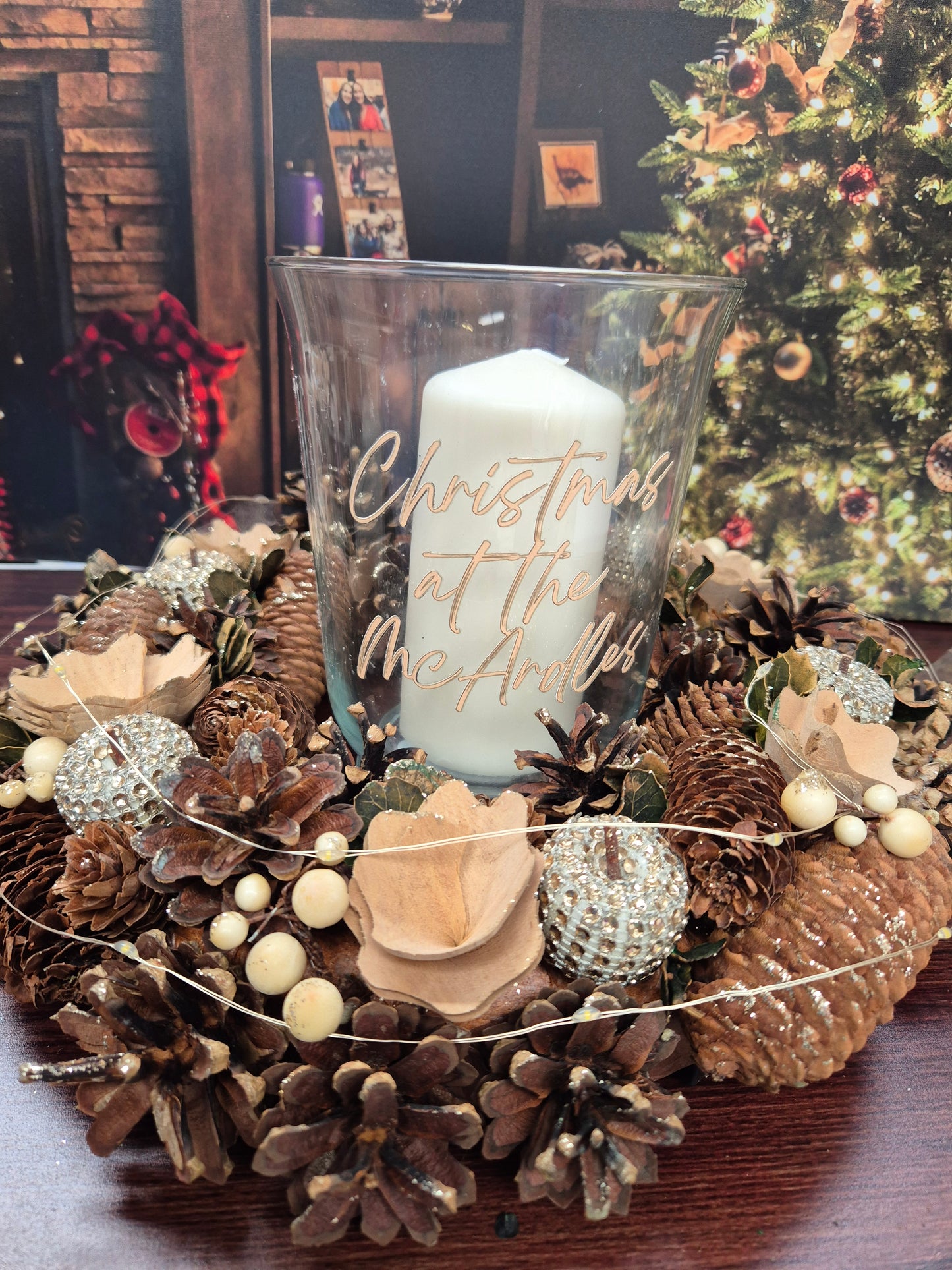 Personalised Christmas Gold (lights) Centre Piece with candle and hurricane lamp
