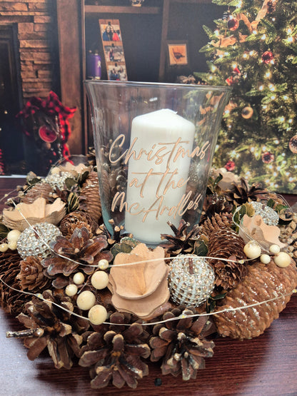Personalised Christmas Gold (lights) Centre Piece with candle and hurricane lamp